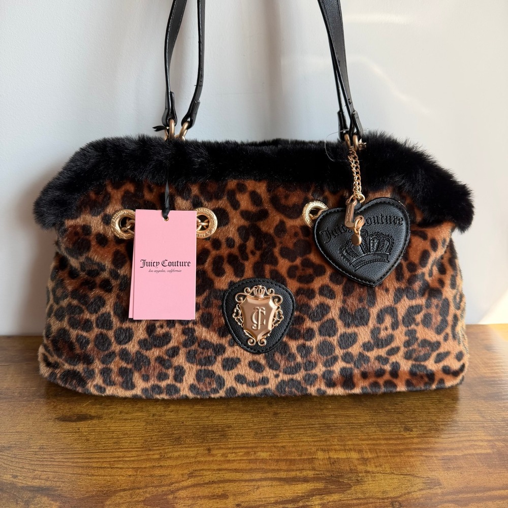 New Juicy Couture Glamour Gang Leopard Shoulder Satchel Handbag Y2K Black Brown